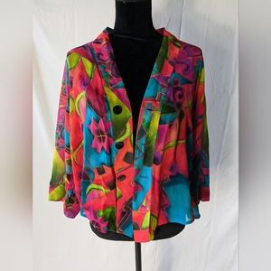 Chico's Silk Colorful Art Inspired Design Sheer Short Jacket Cover Size 0